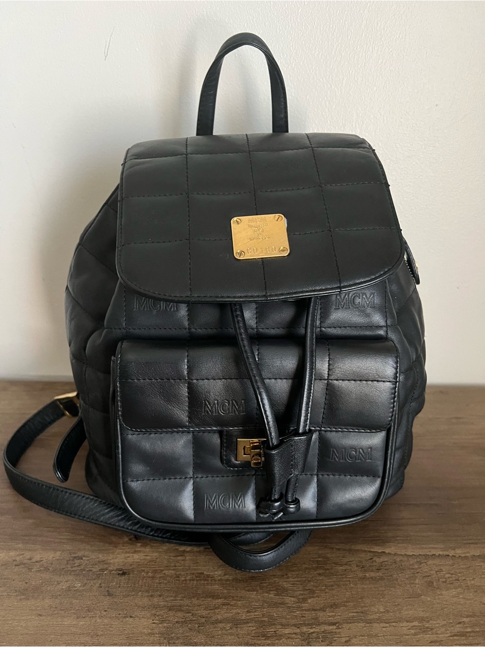 MCM Black Quilted Leather Backpack with Gold Plaque
